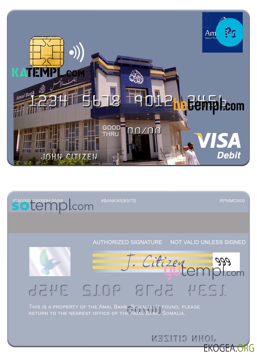 Modèle de carte de débit visa Somalia Amal Bank au format PSD, entièrement modifiable